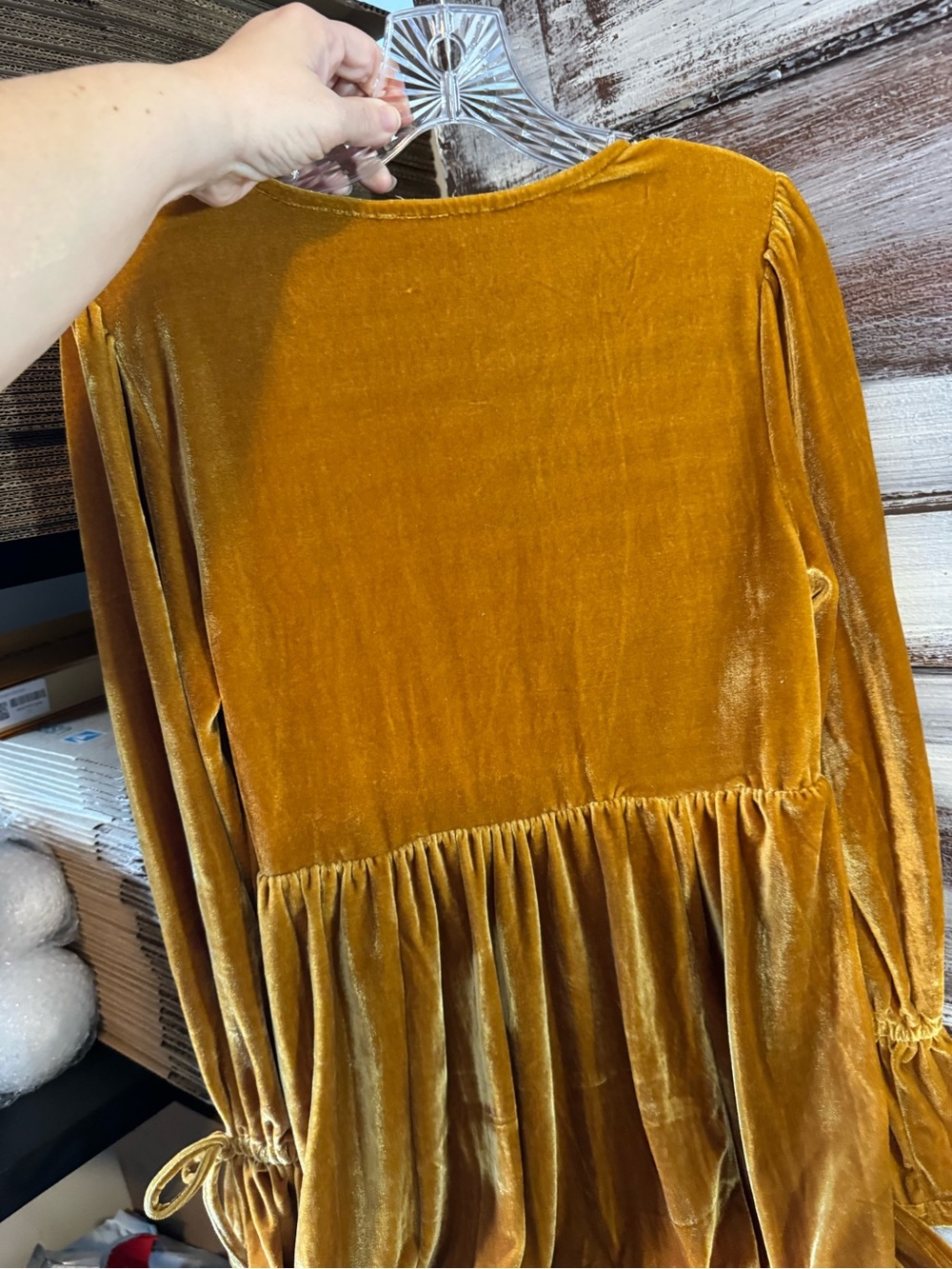 Velvet (faux) V-Neck Long-Sleeve Dress in Mustard - Picture 6 of 9
